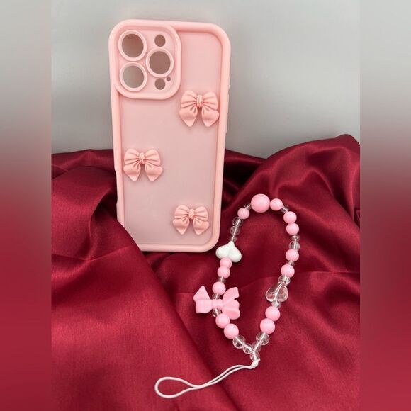 Pink Bow iPhone 16 Pro Max Case with Beaded Strap - Picture 3 of 5
